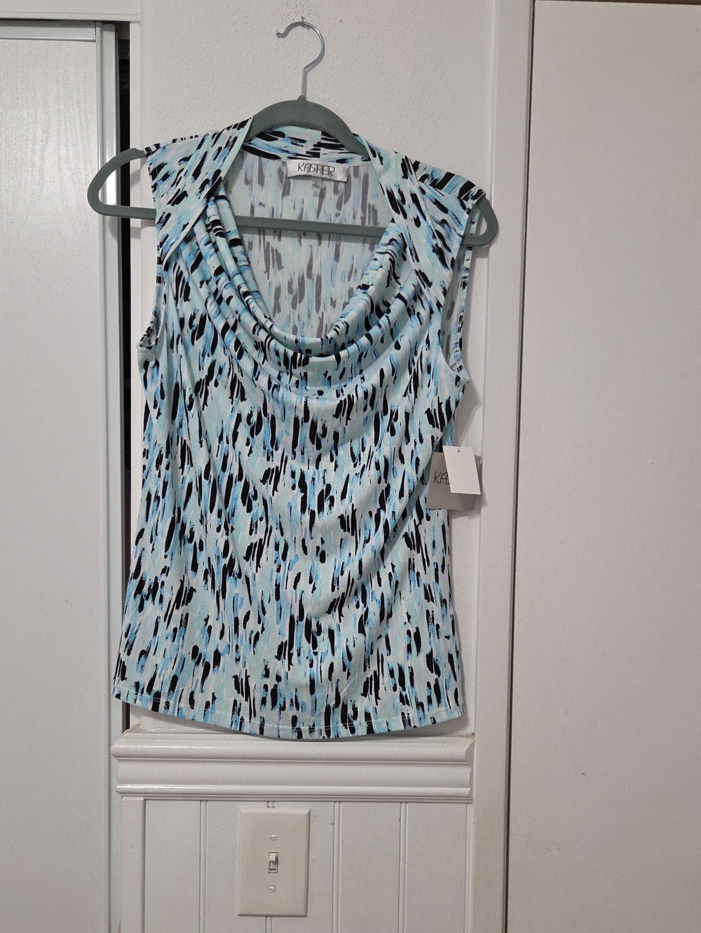 Kasper Light Blue and Black Cowl Neck Sleeveless Camisole
